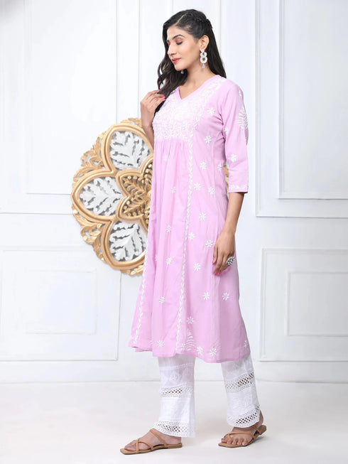 Noor Hand Embroidered Chikankari Long A-Line Kurti for Women- Lavender